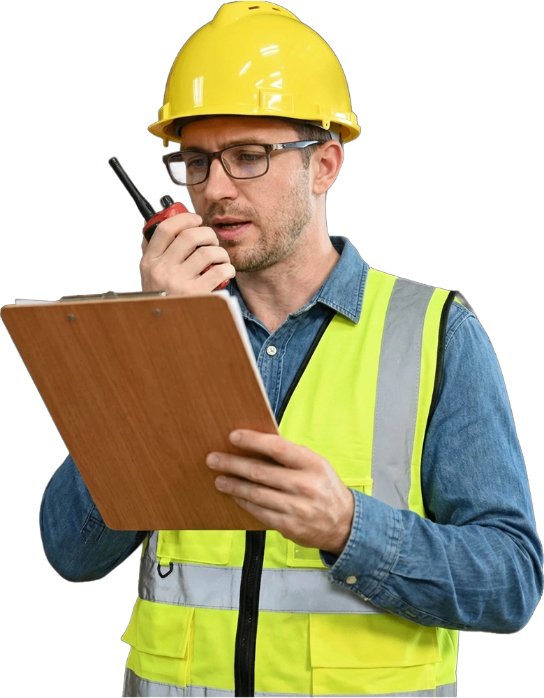 Zarządzający transportem w kasku ochronnym koordynuje załadunek – doradztwo ADR i obsługa prawna przewoźnika.